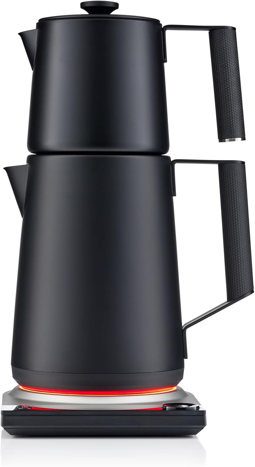 SAKI Turkish Tea Maker Machine Pro, Electric Double-Pot Teapot 1.75L 120V, 120 Min Keep-Warm, Stainless Steel BPA-Free, Auto Shut-Off & Boil-Dry, LED Brew Ring, Matte Black