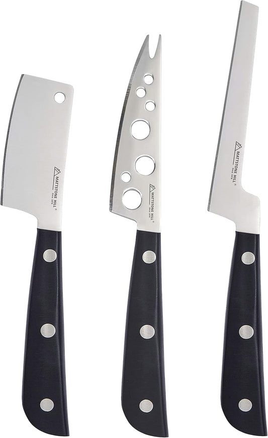 Cheese Knife Set, MATTSTONE HILL Cheese Knives - Soft & Semi Hard Cheese Knife, Soft Cheese Slicer, Cheese Cleaver, Premium Stainless Steel, Black Handle