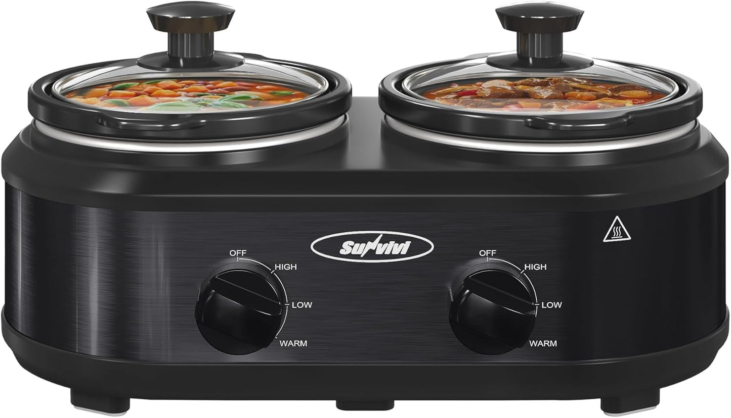 Sunvivi Double Slow Cooker,2 Pot Small Mini Crock Buffet Servers and Warmer,Dual Pot Oval Manual Slow Cooker with Adjustable Temp Removable Ceramic Pot,Stainless Steel, Total 2 * 1.25 Quarts Black