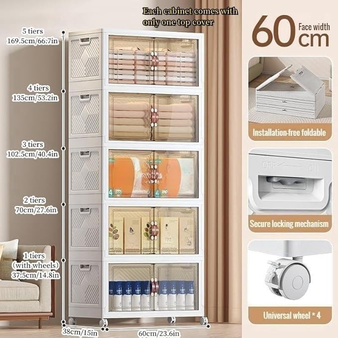 5-Tier Closet Organizer and Storage with 1 Lid, 95 Gal Stackable Storage Bins with Lids and Wheels, Folding Storage Boxes with Open Front Door for Closet and Office