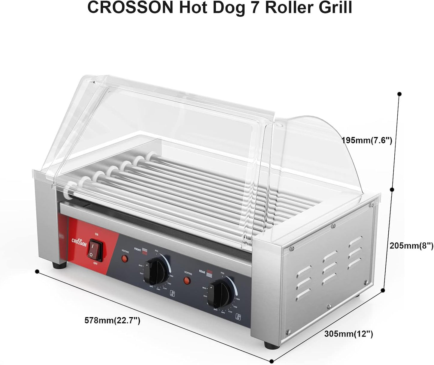 CROSSON Hot Dog 7 Roller Grill Cooker Machine with Transparent Sneeze Guard,7 Nonstick 304SS Rollers and Dual Temp Control,Commercial Hot Dog Cooker Machine-120V, 1050W