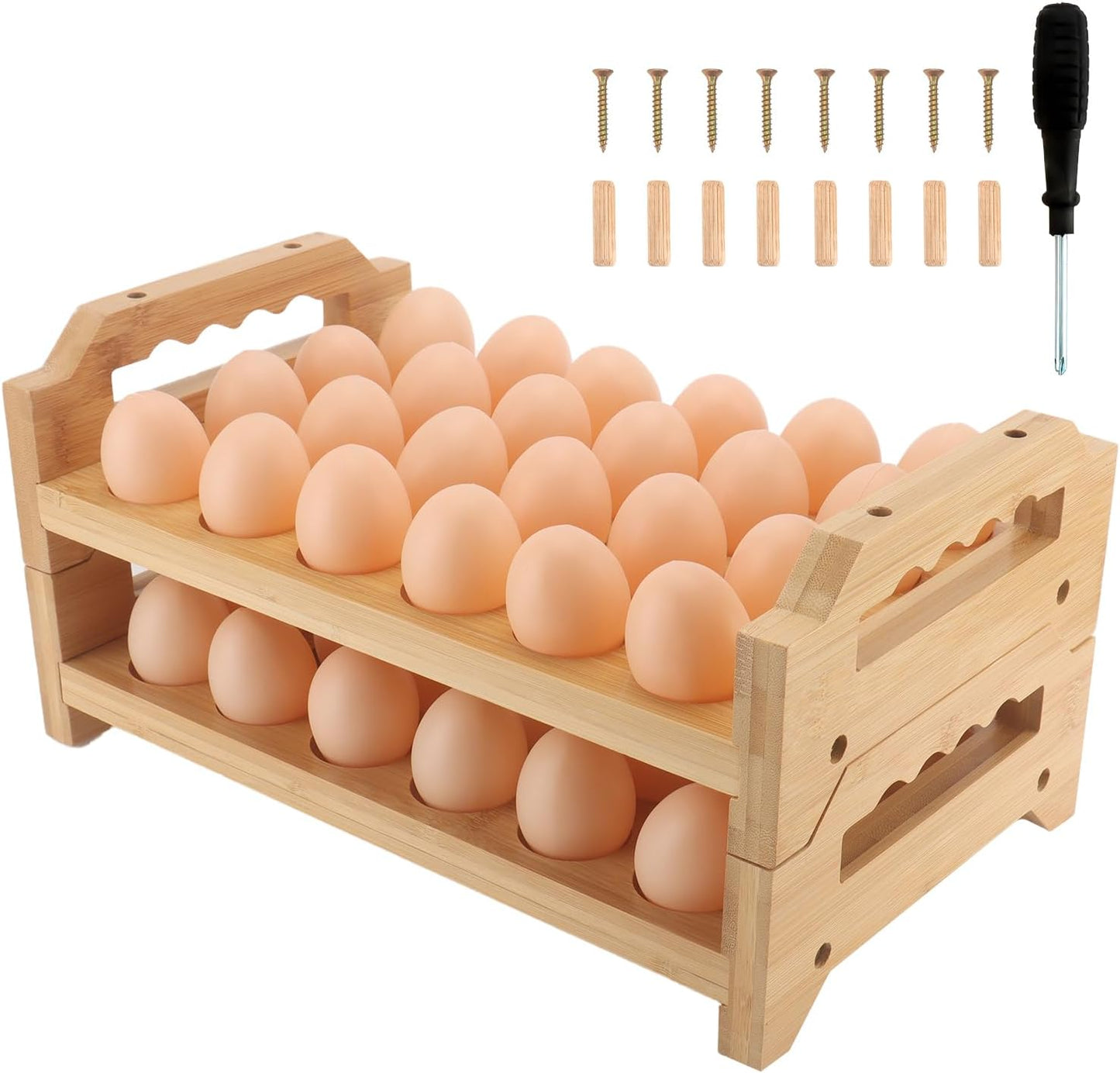 Egg Holder, 2 Tier Egg Holder Countertop, Bamboo Egg Organizer and Storage for Gathering 48 Fresh Eggs, Egg Stackable Stand Rack, Egg Basket for Kitchen Refrigerator Farmhouse