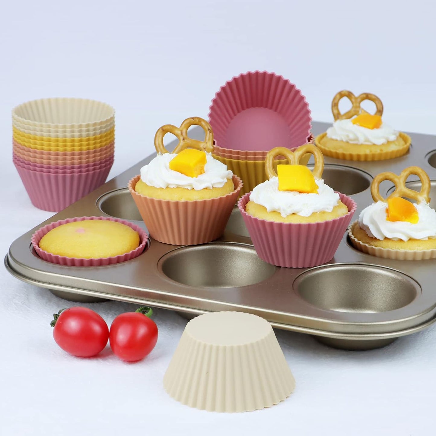 Silicone Baking Muffin Cups 12 Pack, Reusable Cupcake Liners Cake Molds, BPA Free, Dishwasher Safe (Orange Series, Standard)