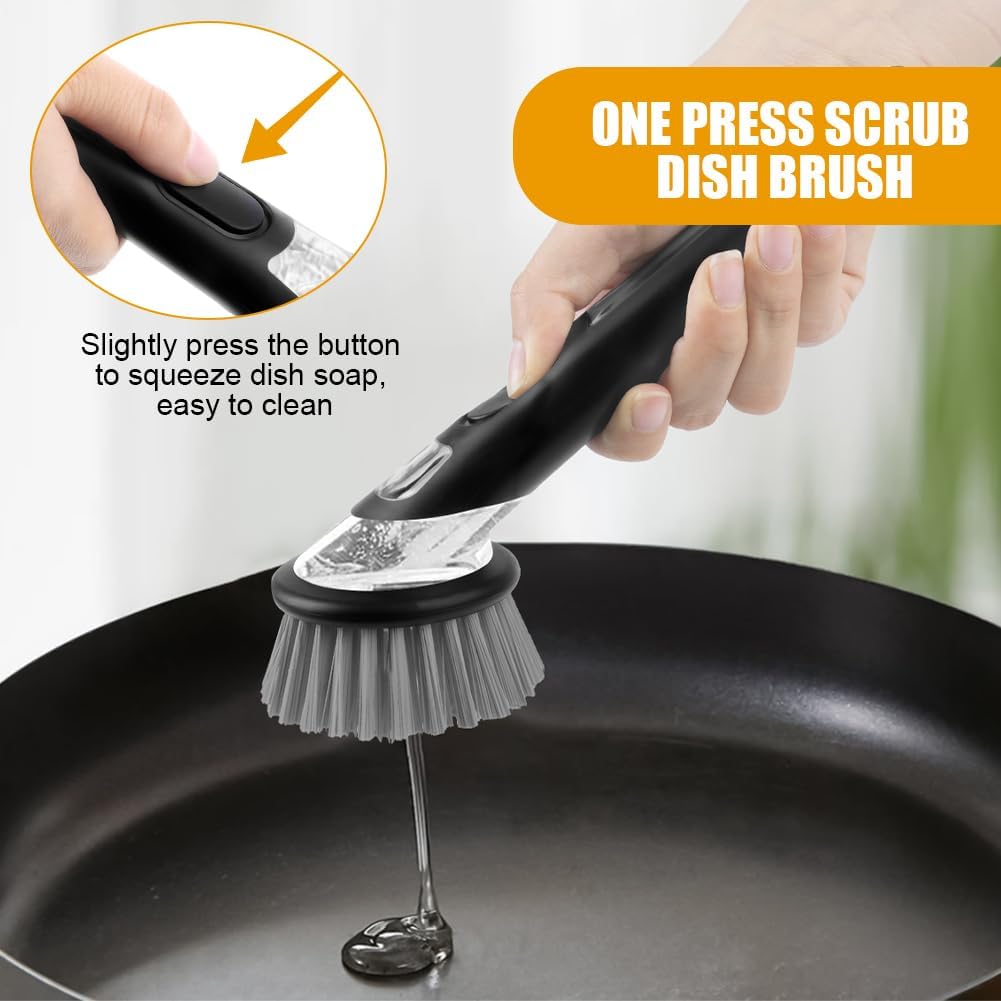 AUAUY Dish Brush with Soap Dispenser, Advanced Soap Control Dishwashing Brush, Dish Scrub Brushes with Handle, Kitchen Scrubbers for Dishes, Pan, Pot, Sink Cleaning Brushes