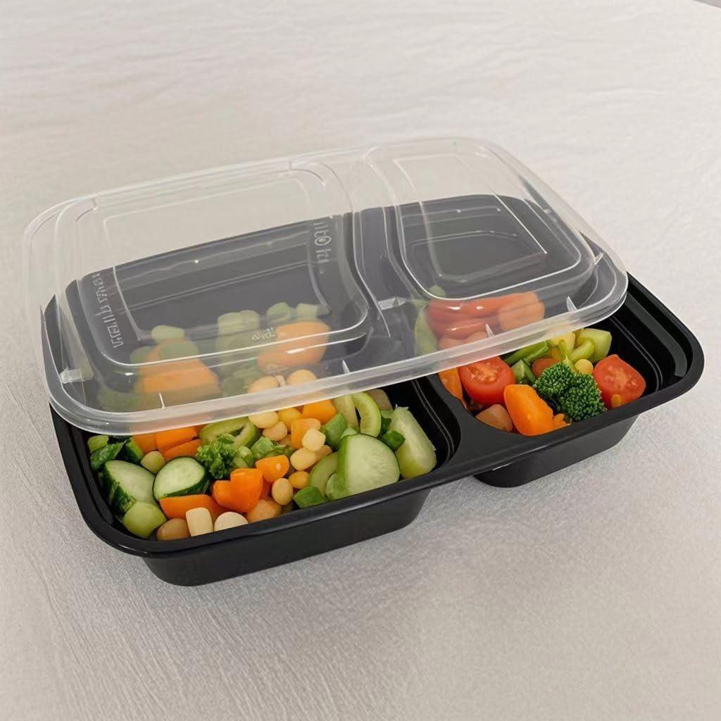 50 Packs 28oz 2-Grid Disposable Meal Prep Containers with Lids,To Go Take Out Plastic Food Storage, Disposable Takeaway Boxes,Freezer, Dishwasher Safe Prep Containers