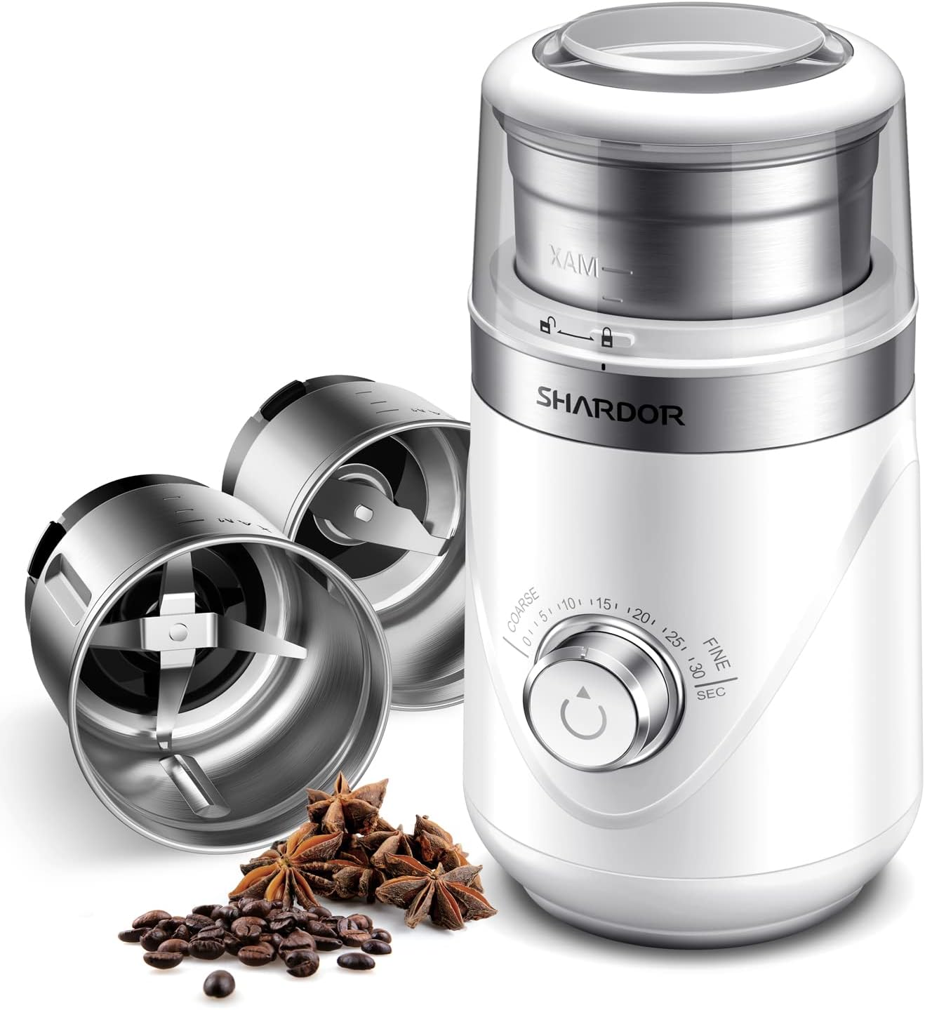 SHARDOR Electric Super Silent Blade Coffee Grinder, Timed Grind Control Rotary Knob, Adjustable Coarse to Fine for Coffee Beans, Spices & Herbs, with 2 Removable Stainless Steel Bowl, White