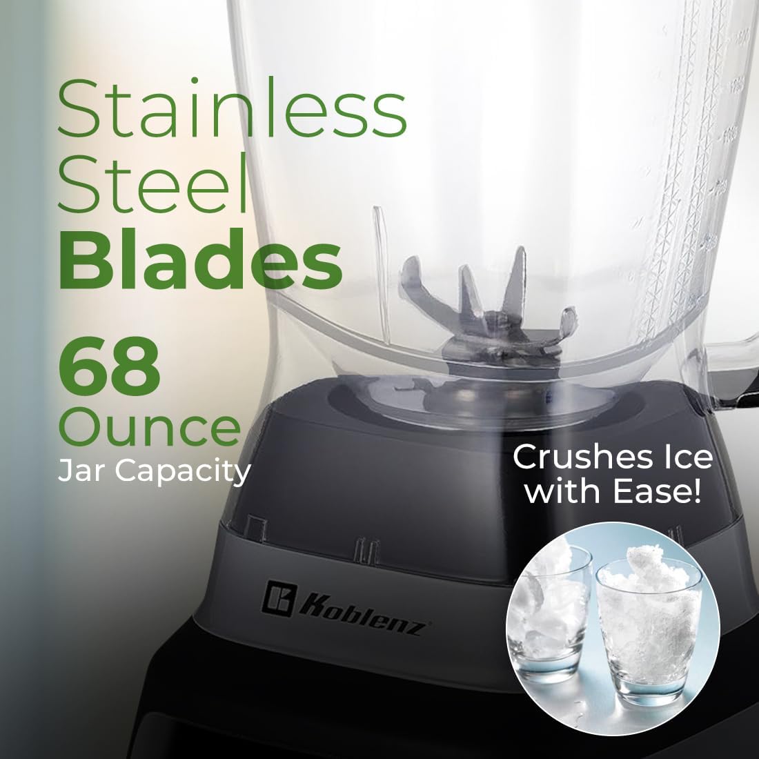 Koblenz Bob Blender, Countertop with Reversible motor, Speed Knob and 6 Functions, 1400-watt Motor, 68 oz. Capacity, Super Silent Operation, Includes 2 To-Go Cups and Tamper, Black/Chrome, LKM-9610