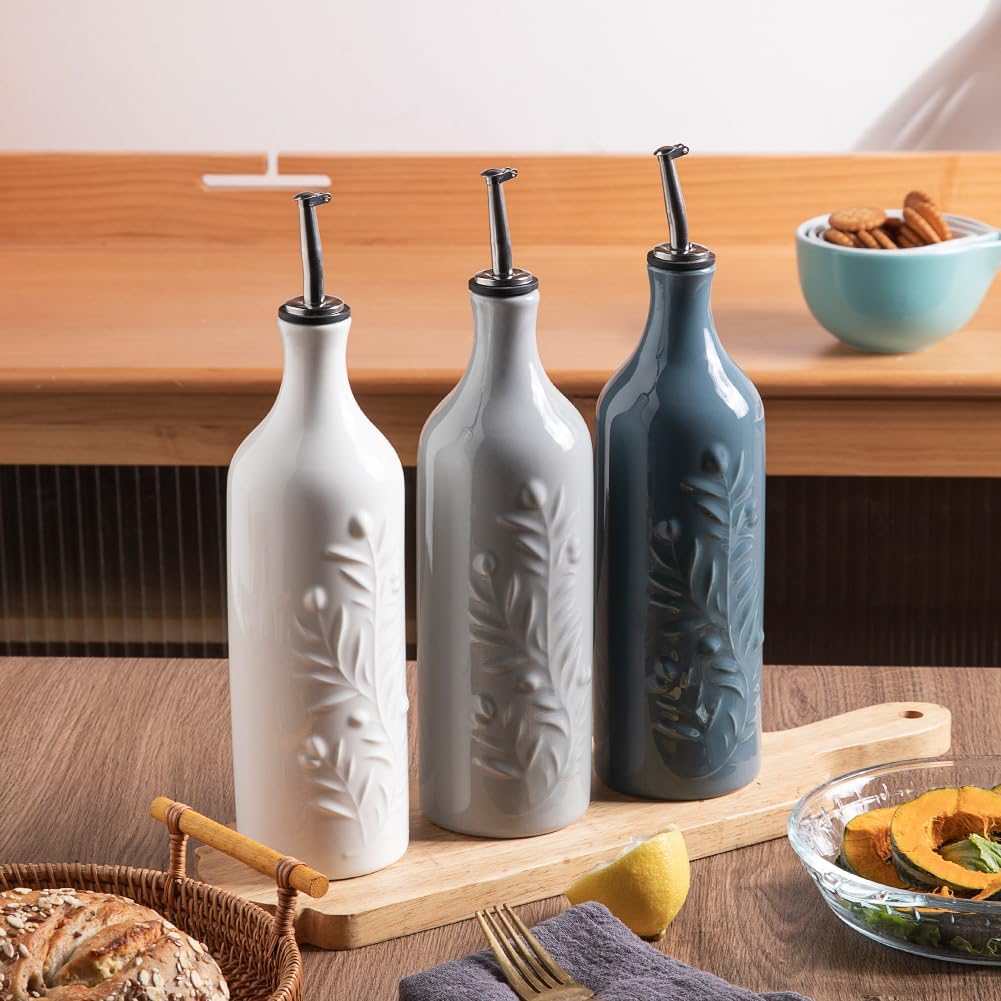 Sweejar Large Olive Oil Dispenser Bottle with Spout, 24 Oz Ceramic Oil Dispenser for Kitchen, Relief Opaque Oil Cruet, Oil Container for Cooking, EVOO, Avocado Oil, Vinegar, Pack of 1(Fog Blue)