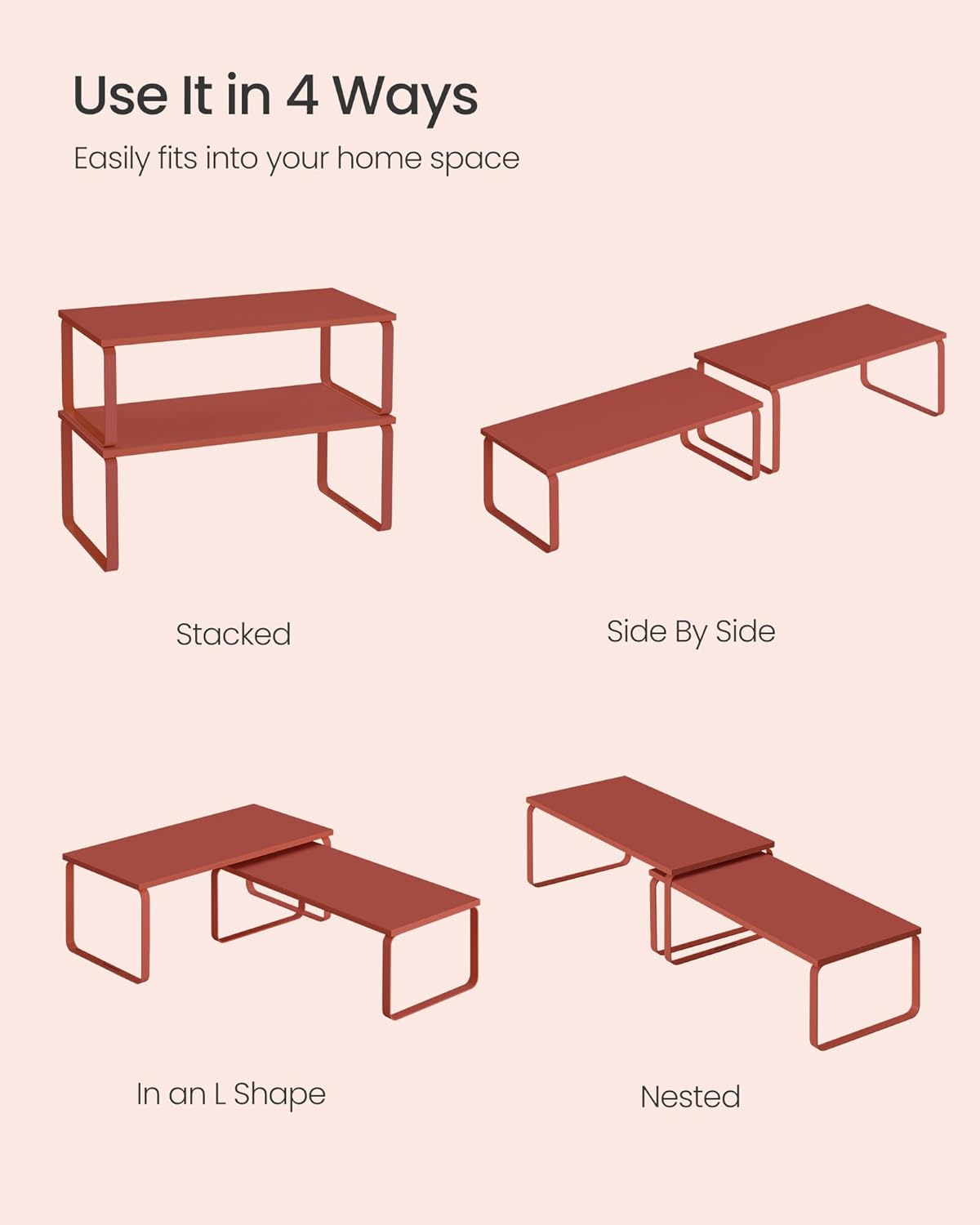 SONGMICS Cabinet Organizer Shelf, Set of 2 Kitchen Counter Shelves, Kitchen Storage, Spice Rack, Stackable, Expandable, Metal and Engineered Wood, Mandarin Red UKCS200Y02