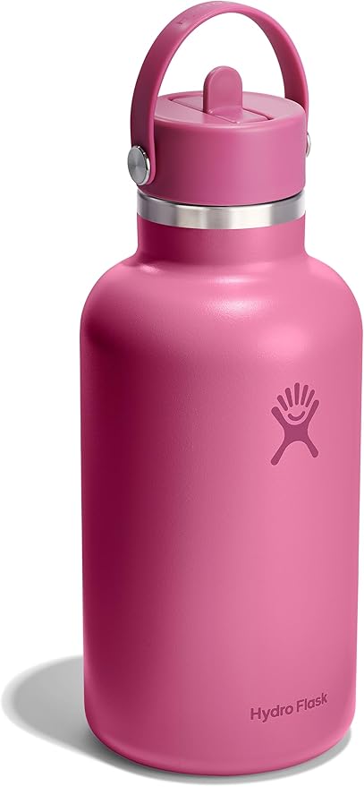 Hydro Flask Water Bottle - Insulated Stainless Steel - Wide Mouth Flex Straw Lid, Non Spill, Leakproof and Refillable in 64 Oz Reef Pink