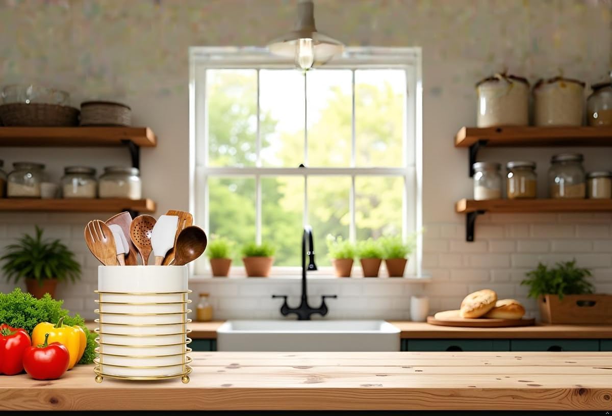 Utensil Holder for Kitchen Counter Large Cooking Utensil Holder,Gold Ring Metal Frame and White Ceramics