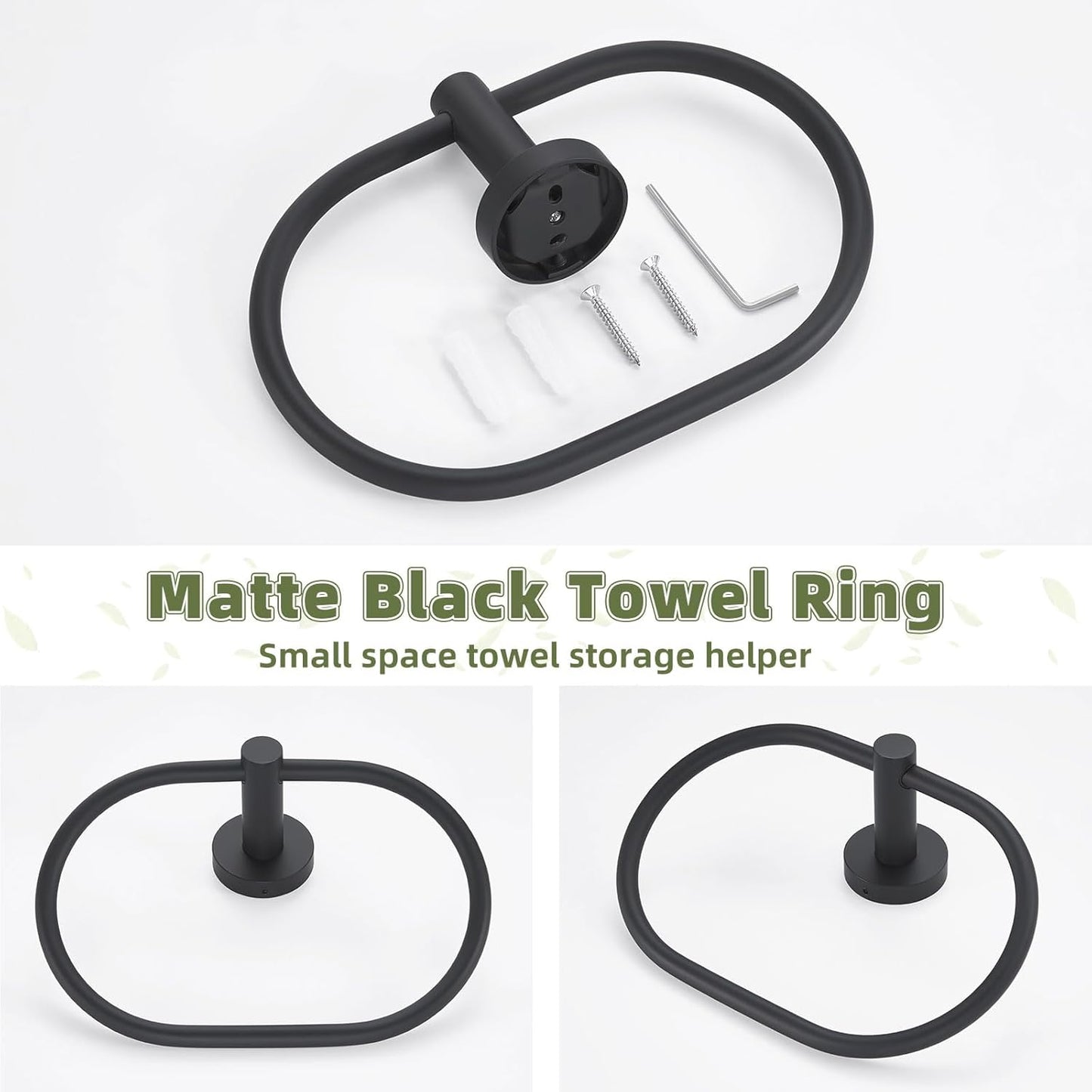 APLusee Matte Black Towel Ring, Stainless Steel Oval Hand Towel Holder for Bathroom Kitchen, Wall Mounted