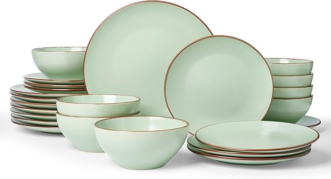 Famiware Venus Ceramic Plates and Bowls Sets, Speckled Dinnerware Dish Sets for 8 (24 Pieces) - Microwave and Dishwasher Safe, Matte Light Green
