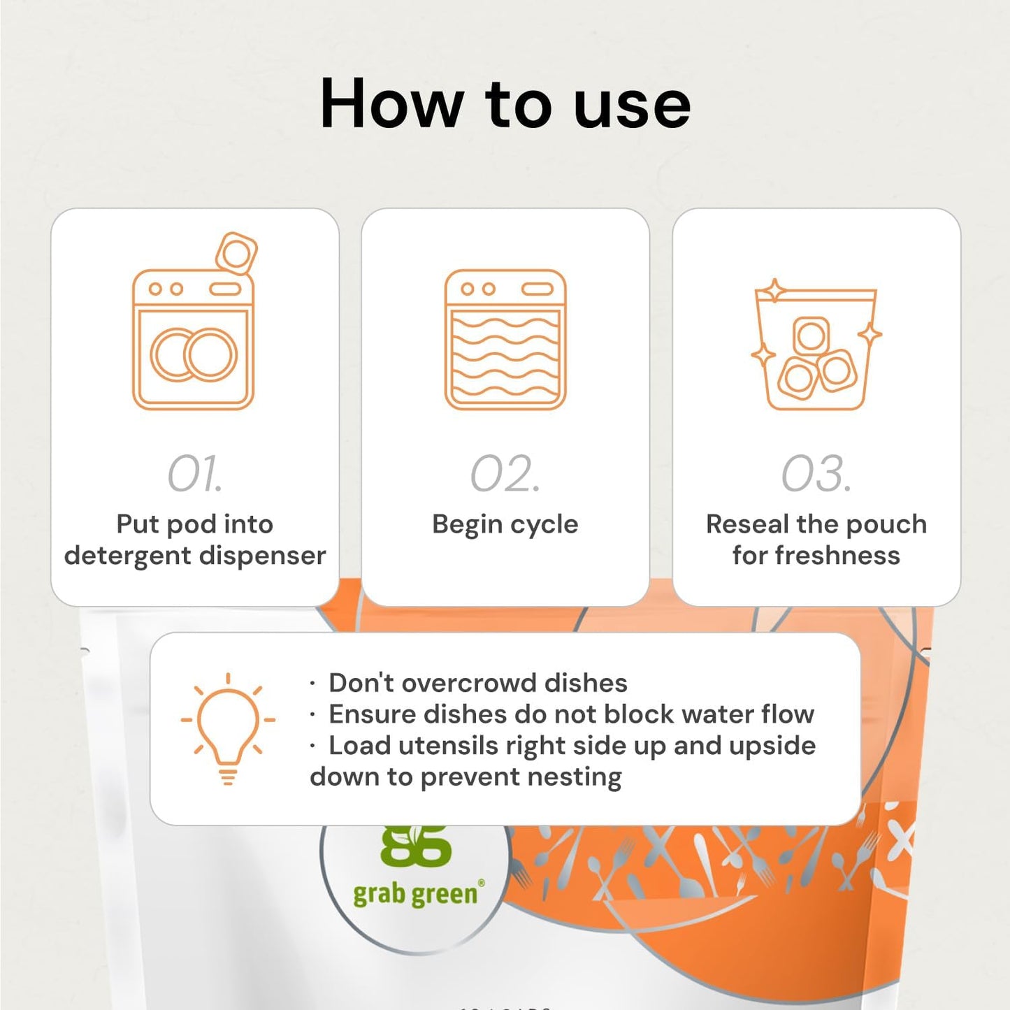 Grab Green Automatic Dishwashing Detergent Pods, 60 Count, Fragrance Free, Plant and Mineral Based, Superior Cleaning, Powerful Grease Removal, Brilliant Shine