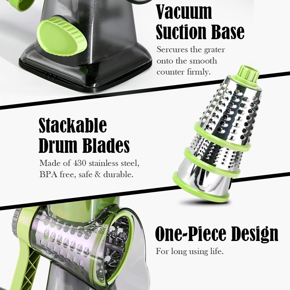 Cheese Grater Hand Crank Rotary Vegetables Shredder with Handle, 3-in-1 Graters with Interchangeable Blades and Strong Suction Base Multifunctional Slicer for Kitchen,green
