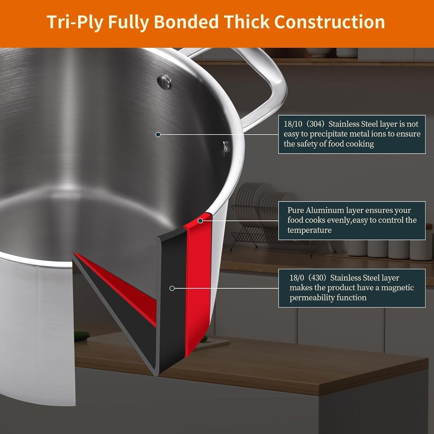 DELARLO Tri-Ply Stainless Steel Soup Pot 12QT, Tri-ply Big Pots for Cooking, 18/10 whole clad Stainless Steel Pot, Fast Even Heat, 12 QT Stock cookware with Lid, Pasta Pot, Induction Ready Up to 600℉