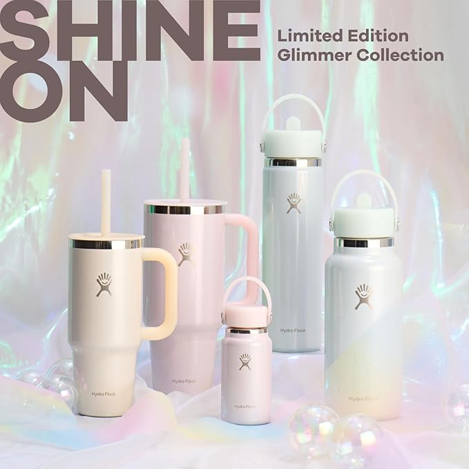 Hydro Flask Water Bottle - Insulated Stainless Steel - Wide Straw Lid, Non-Spill, Leakproof in 24 Oz Glimmer Pink