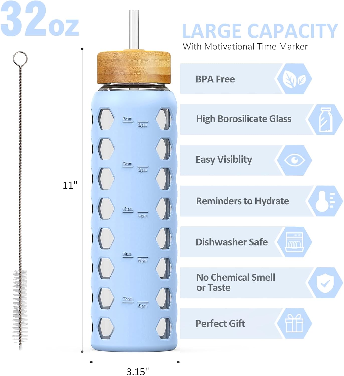 MUKOKO Glass Water Bottles,32oz Glass Tumbler with Straw,Drinking Bottles with 2 Lids-Handle Spout Lid&Bamboo Straw Lid,Motivational Water Bottle with Time Marker and Silicone Sleeve,1 Pack-Glacier