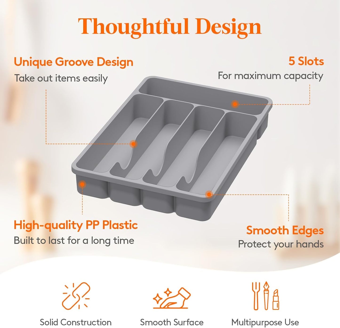 Lifewit Silverware Drawer Organizer Tray, Plastic Cutlery Storage for Kitchen Drawer, Flatware and Utensil Holder Divider for Spoons Forks Knives Tableware, 5 Compartment, Gray