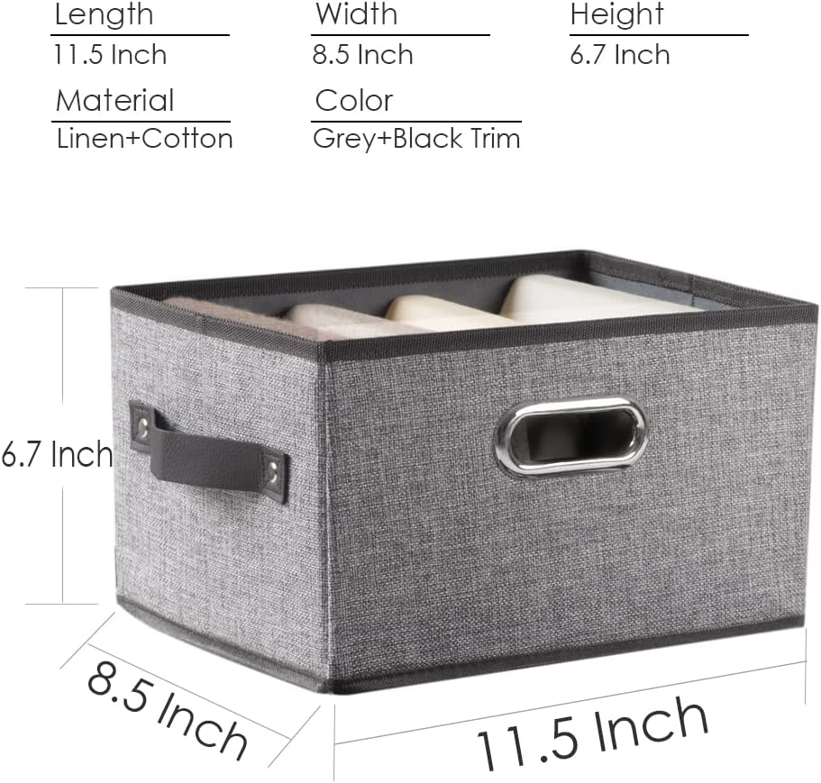 PRANDOM Fodable Storage Baskets for Closet [5-Pack] Decorative Fabric Storage Bins Cubes with Leather/Metal Handles for Shelves Bedroom Living Room Grey (11.5x8.5x6.7 Inch)