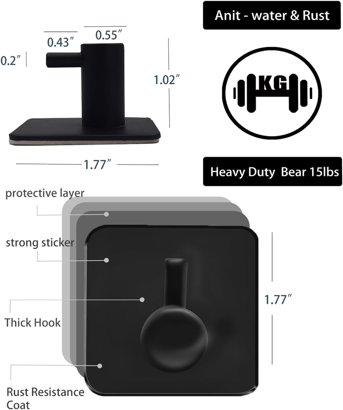 Adhesive Hooks for Hanging - 4 PCs, Towels Hooks for Bathroom, Sticky Hooks for Walls No Damage, Adhesive Hook for Outside, Kitchen, Bathroom, Office (Black 1)