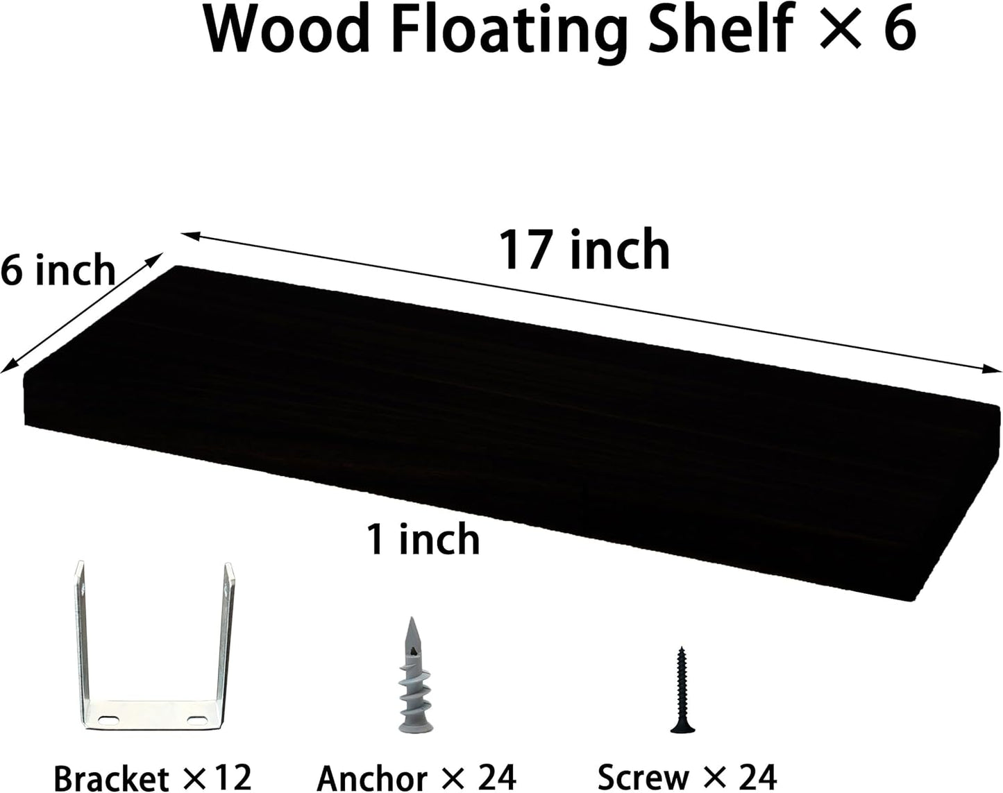 Wood Floating Shelves for Wall, Wooden Wall Shelves for Bedroom, Wall Mounted Shelves for Living Room, Set of 6 Black