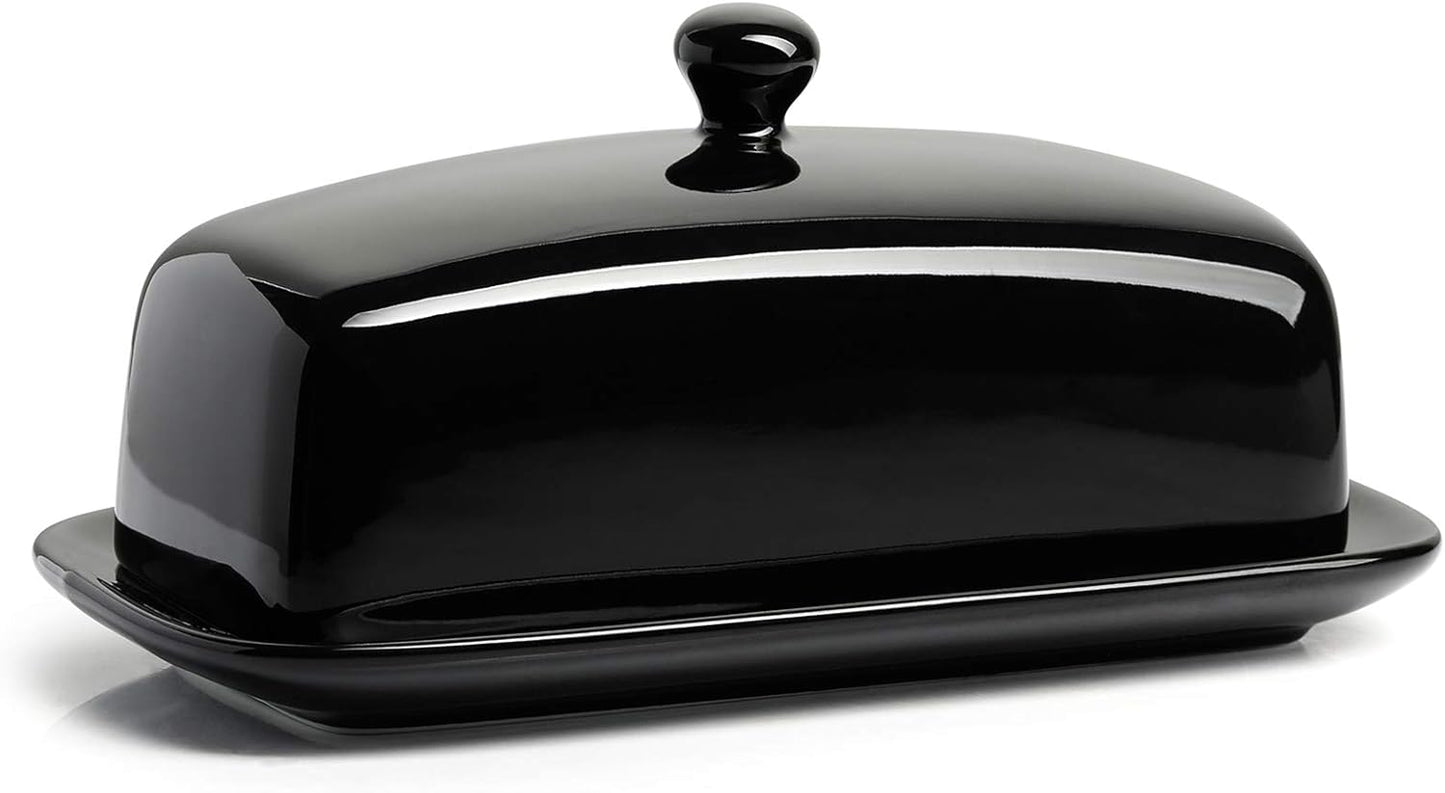 Sweese Butter Dish with Lid, Porcelain Butter Keeper, 7.8 Inch Butter Holder with Handle Cover, Butter Container Perfect for East West Coast Butter, Black
