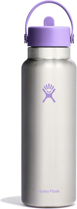 Hydro Flask Water Bottle - Insulated Stainless Steel - Wide Mouth Flex Straw Lid, Non Spill, Leakproof and Refillable in 40 Oz Stainless Steel Violet