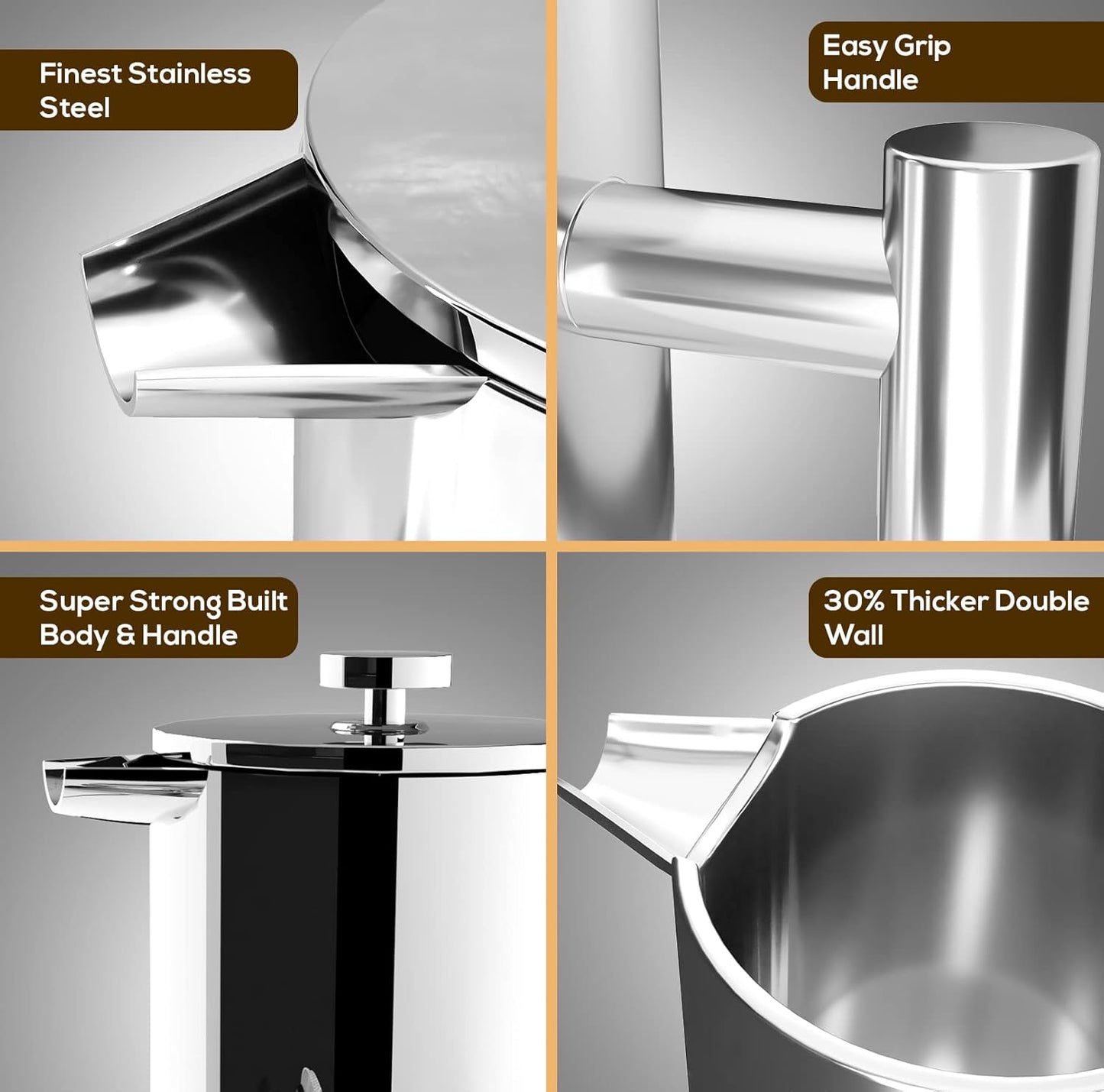 Utopia Kitchen Stainless Steel French Press Coffee Maker 34 Oz (1 Litre) with 2 Extra Filters, French Press Coffee & Tea Maker for Kitchen & Camping, Cold Brew Cafetiere, Silver