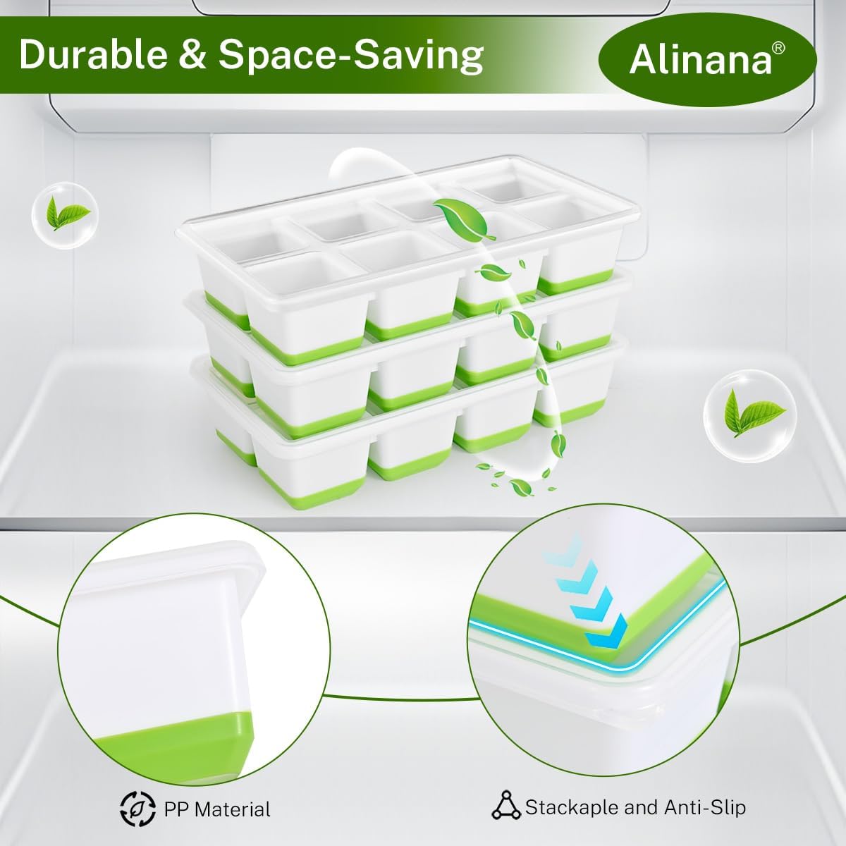 Ice Cube Tray with Lid, Alinana 3-Pack Upgraded Large Silicone Ice Cube Tray with BPA-Free Removable Lids, Easy Release Ice Mold for Cocktails, Whiskey, Juice (Green)