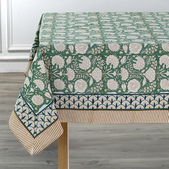 Ridhi Turquoise Moss Green Hand Block Print Cotton Rectangle Tablecloth 118 x 70 inches Reusable Table Cover Decorative Everyday Use for Dining Room, Farmhouse, Home, Party, Festive & Wedding, Fall