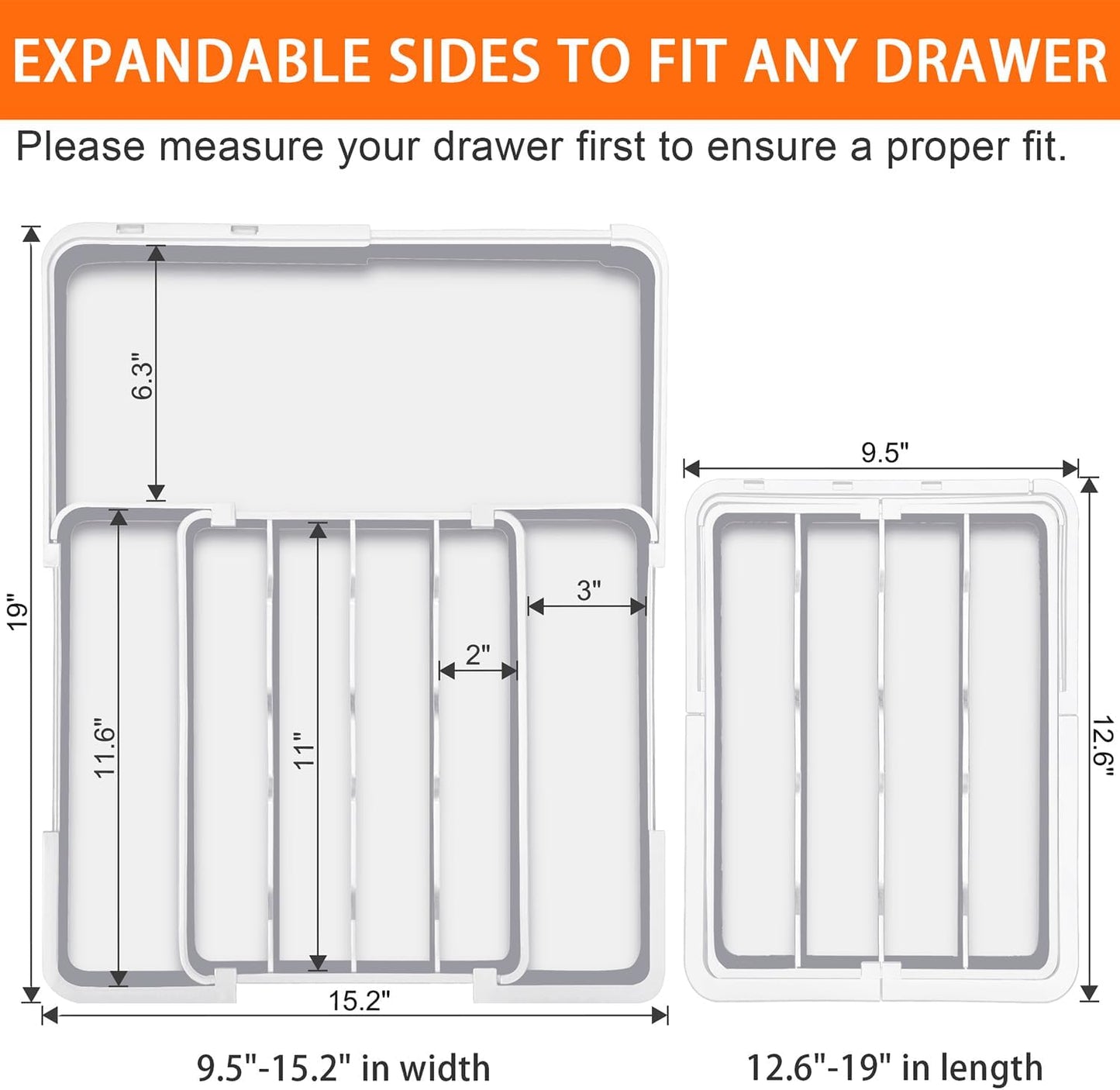 Adjustable Kitchen Utensil Organizer Plastic Silverware Drawer Organizer, Expandable Cutlery Drawer Organizer BPA Free Flatware Tray for Spoons Forks Knives Organizers Divider, White