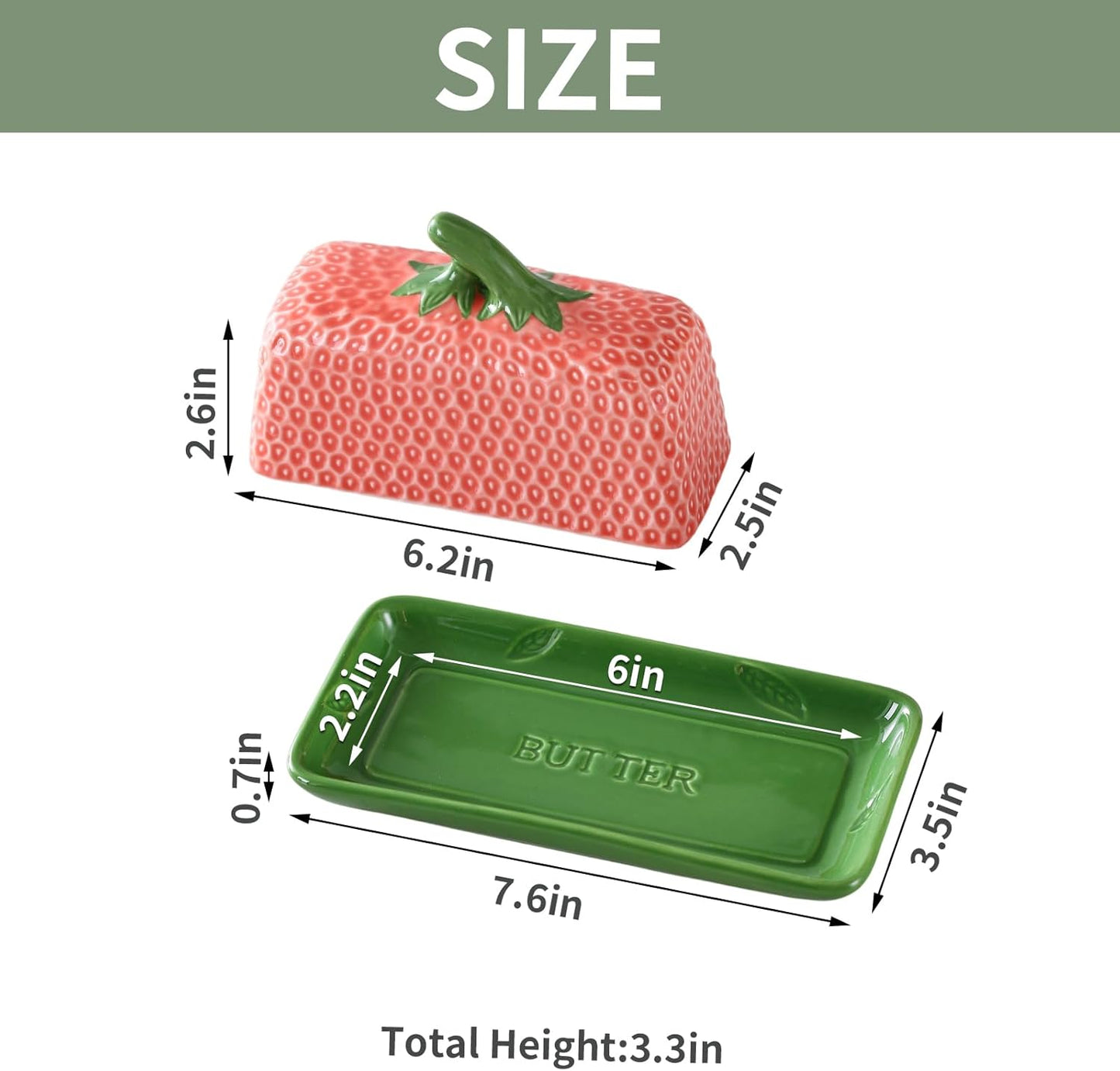 Ceramic Strawberry Butter Dish with Lid for Countertop, Kitchen Butter Keeper, Serving Tray with Cover, Butter Storage Container, Butter Holder, Holds 1 Stick (Pink, Large)