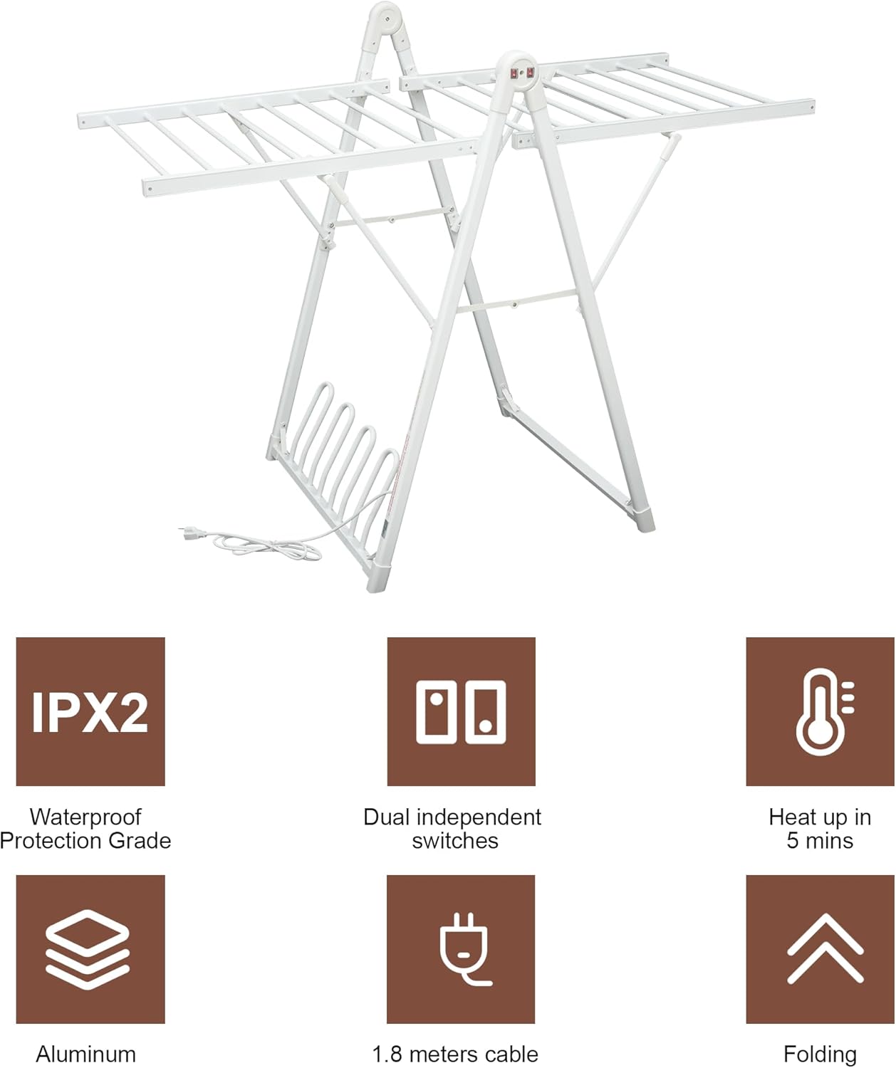 Electric Heating Clothes Drying Rack,Foldable Clothes Drying Rack,Suitable for Drying Clothes, Shoes and Socks.Plug & Play,White,Aluminum Alloy,One-Click Switch(39.37×52.56×25.98in)