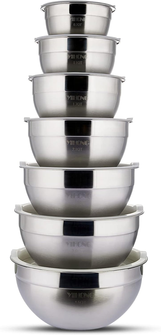 YIHONG Stainless Steel Mixing Bowls Set, 7 Piece Metal Mixing Bowls with Lids Set for Kitchen, Nesting Steel Mixing Bowls Ideal for Baking, Prepping, Cooking, and Serving Food(White)