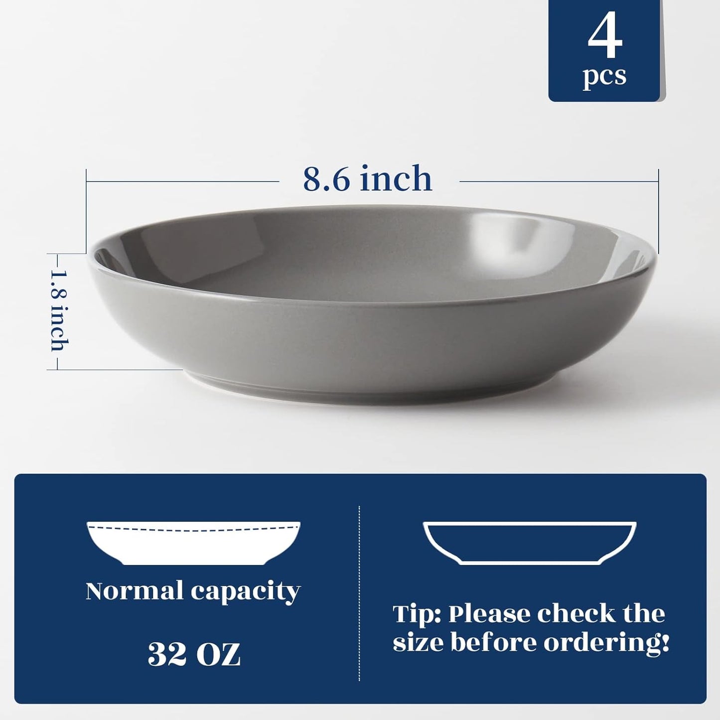 Y YHY 8.6" Vivid Gray Pasta, Salad & Soup Serving Bowls Set of 4, 32oz Large Ceramic, Microwave, Oven & Dishwasher Safe, Sturdy Porcelain Perfect for Daily Dining, Family Gatherings, Parties & Gifts