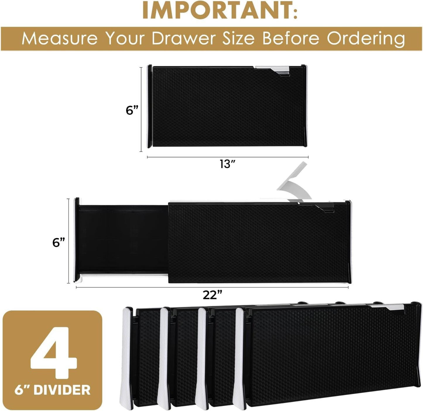 RAPTUROUS Adjustable Drawer Dividers, 6" Tall, Expandable 13-22", 4-Pack, Non-Slip for Deep Drawers in Kitchen, Bedroom, Office, and Nursery (Black)