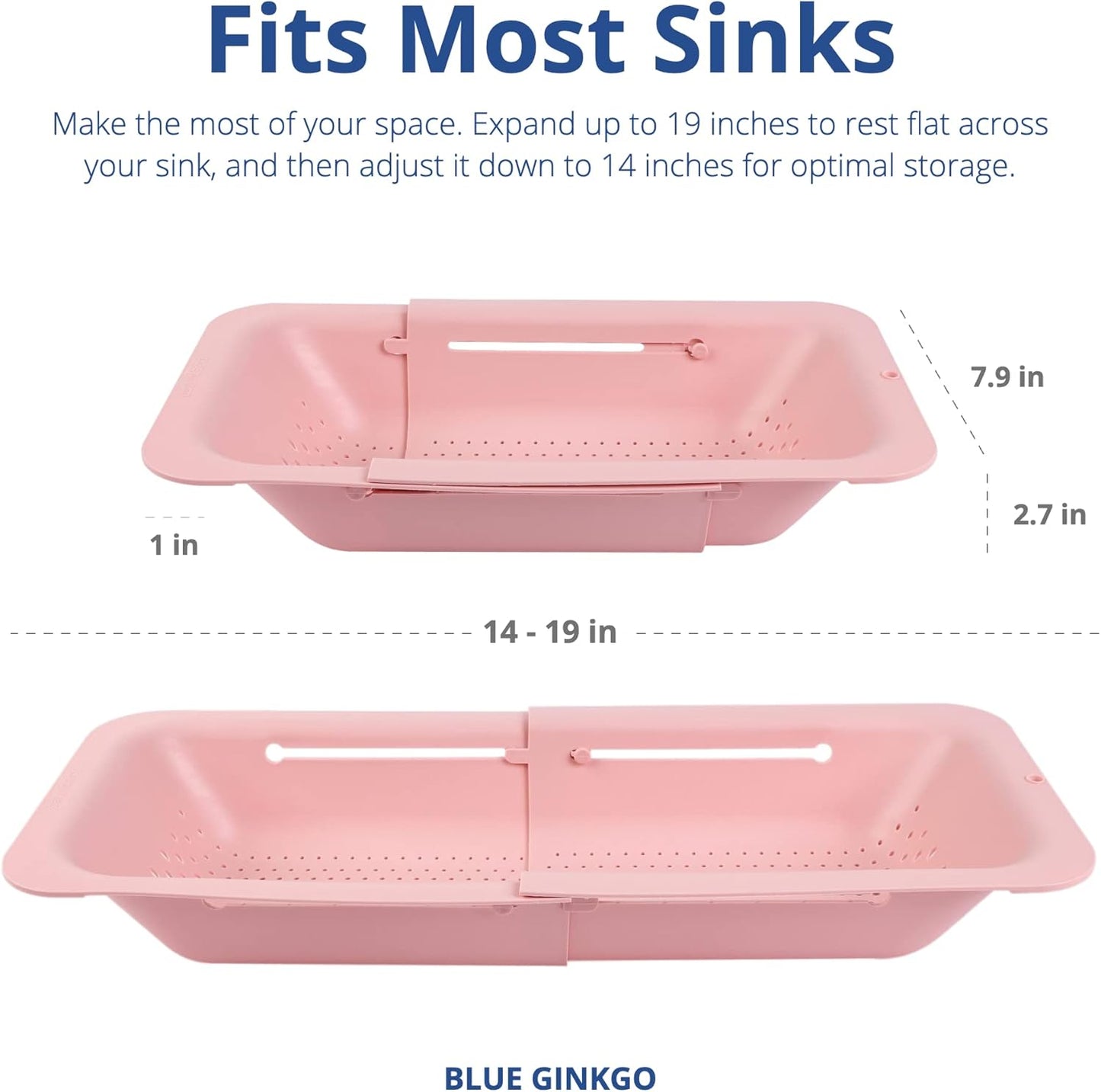 BLUE GINKGO Over the Sink Colander Strainer Basket - Wash Vegetables and Fruits, Drain Cooked Pasta and Dry Dishes - Extendable - New Home Kitchen Essentials (7.9 W x 14.5-19.5 L x 2.75 H) (Pink)