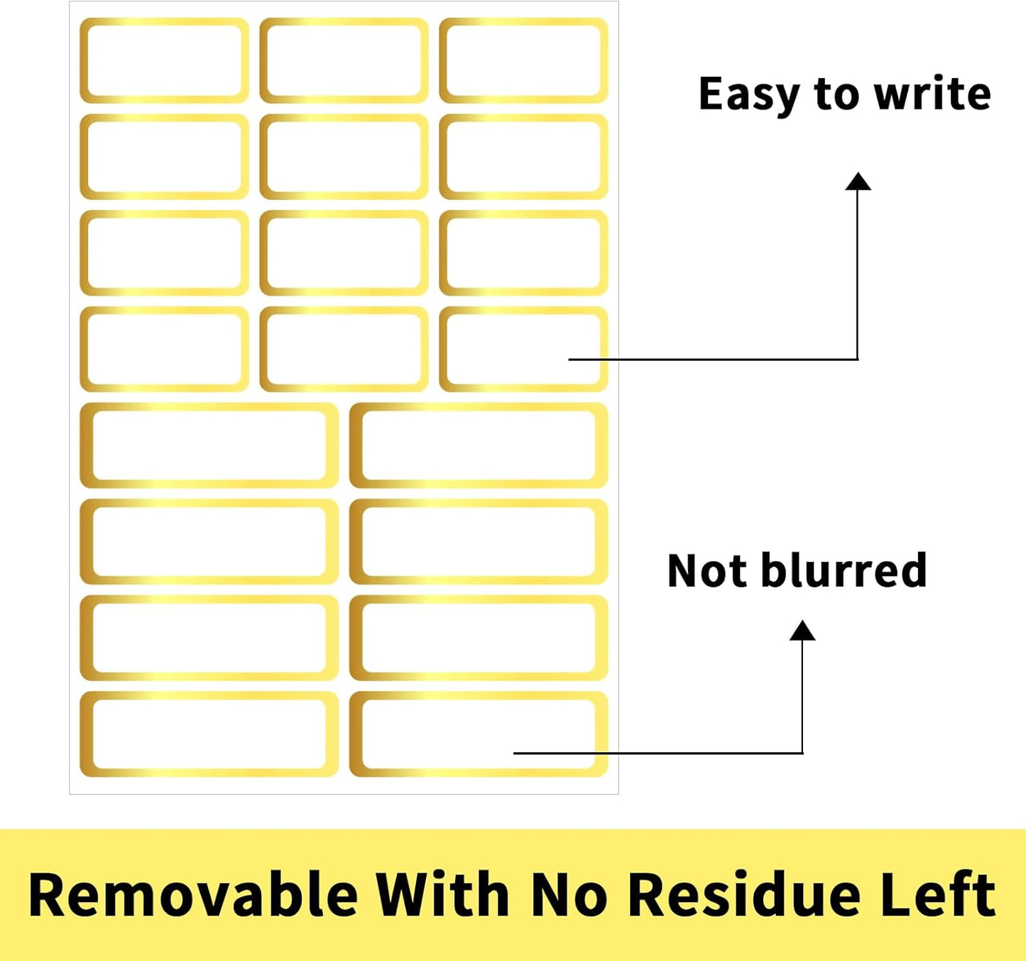 Gold Labels Stickers, Removable Blank Labels Gold Border, Self-Adhesive Rectangular Stickers Water/Oil/Tear Resistant for Storage, Classroom, Home (2 Size, 300 Sheet)