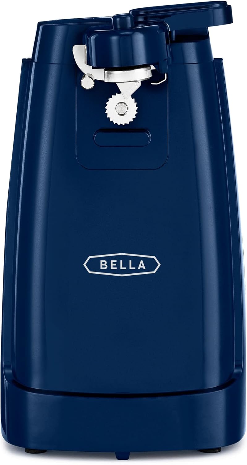 BELLA Electric Can Opener and Knife Sharpener, Multifunctional Jar and Bottle Opener with Removable Cutting Lever and Cord Storage, Stainless Steel Blade, Navy