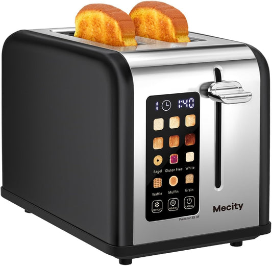 Mecity 2 Slice Touch Screen Toaster, 1.5" Wide Slot, Stainless Steel Smart Toaster for Bagels, Muffins, Waffles, Gluten-Free Breads, Defrost, Reheat, Timer, 120V 825W, Matt Black