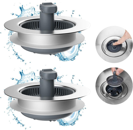 Hibbent 3 in 1 Kitchen Sink Drain Strainer and Stopper Combo, Chrome Stainless Steel Wraped Shell, Anti-Clogging Basket Strainer with Foldable Handle for US Standard 3-1/2" Drain