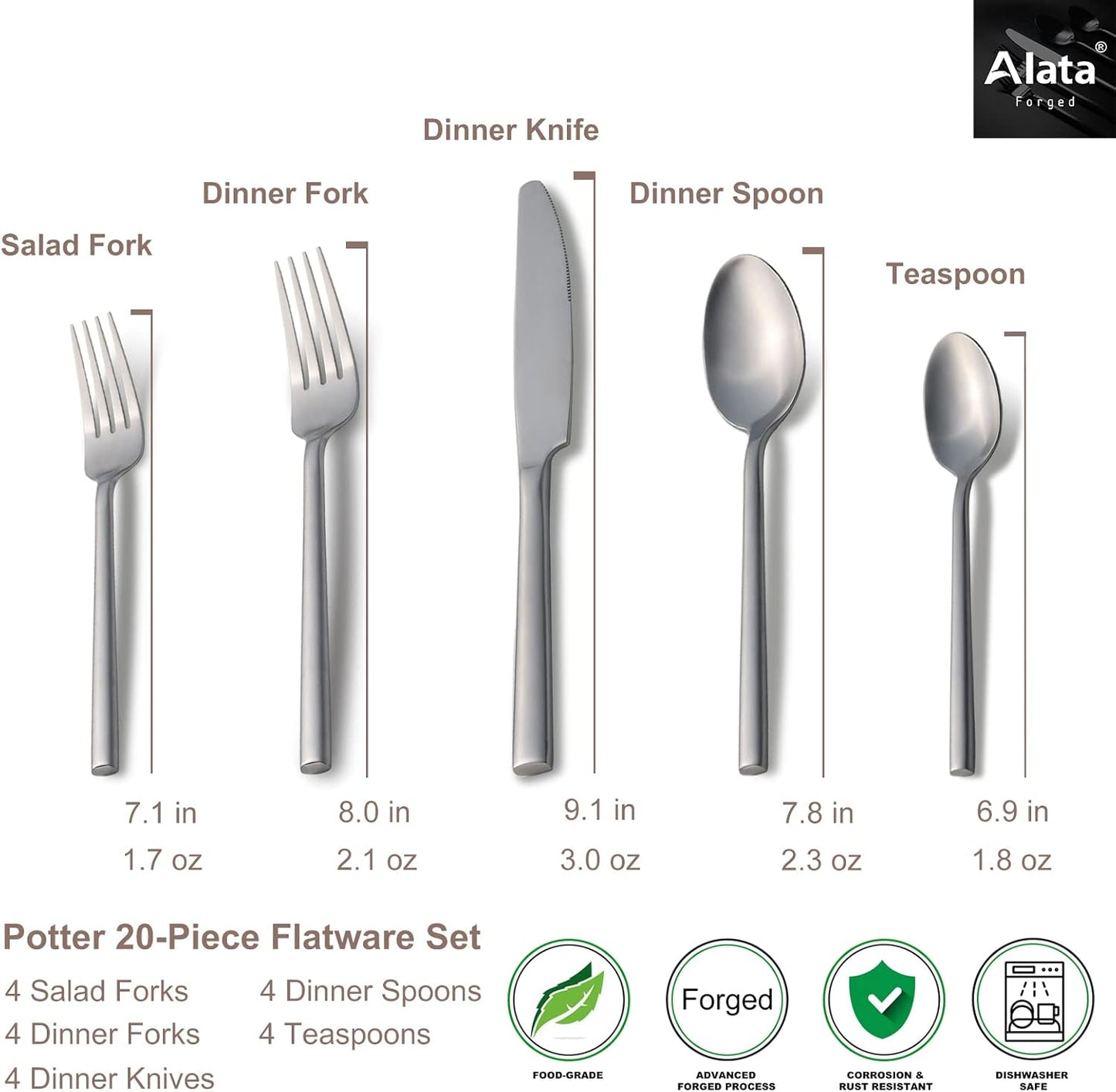 Alata Potter 20-Piece Forged Silverware Set, Service for 4 – Premium Stainless Steel Flatware Set, Modern Design with Satin Finish, Ideal for Home, Kitchen, Party, Camping