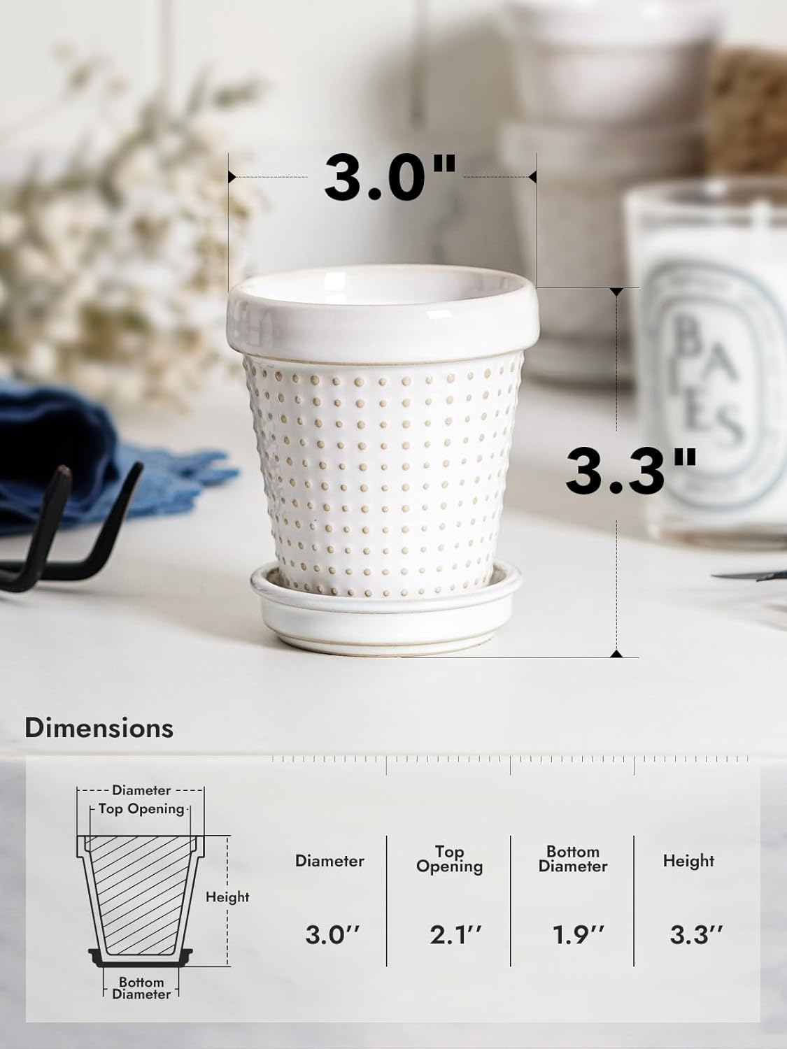 LE TAUCI Ceramic Succulent Pots, 3 Inch Mini Flower Pots for Indoor Plant Cactus, Embossed Small Plant Pot with Drainage Hole & Saucer, Home Decor - Set of 4, Arctic White