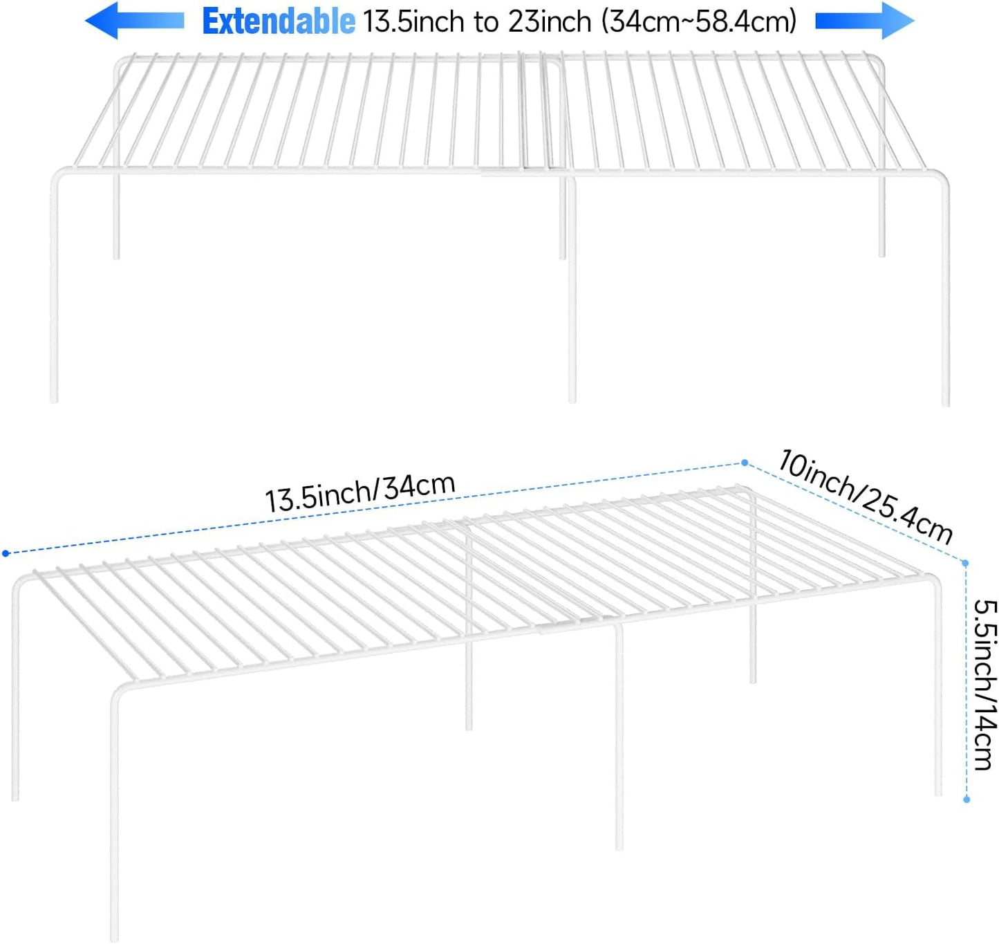 Expandable Storage Shelf, Pantry Organizers and Storage, Adjustable Rustproof Metal Wire Spice Rack, Space Saver Kitchen Storage Shelves for Pan, Pot, Countertop, Drawer, Fridge, Set of 2, White