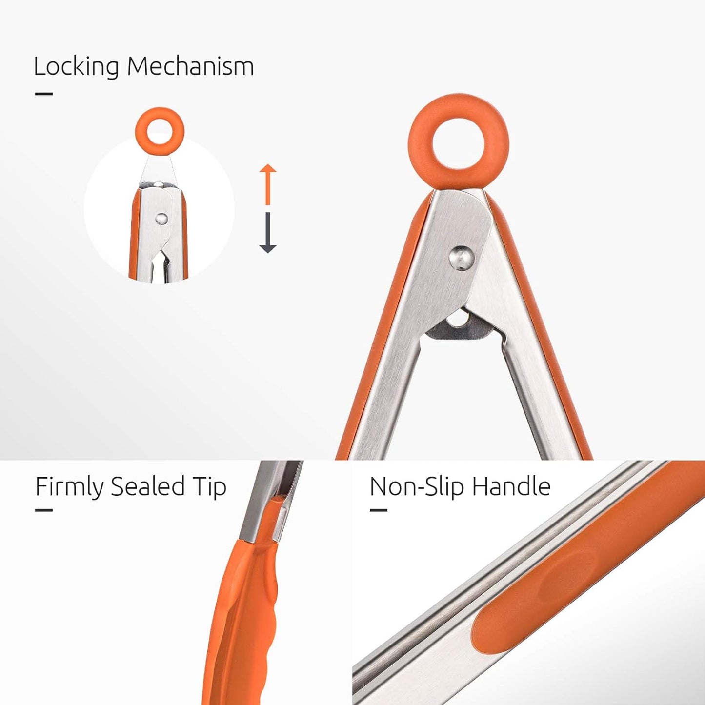 Kitchen Tongs, U-Taste 7/9/12 inches Cooking Tongs, with 600ºF High Heat-Resistant Non-Stick Silicone Tips, 18/8 Stainless Steel Handle, for Food Grill, Salad, BBQ, Frying, Serving, Pack of 3(Orange)