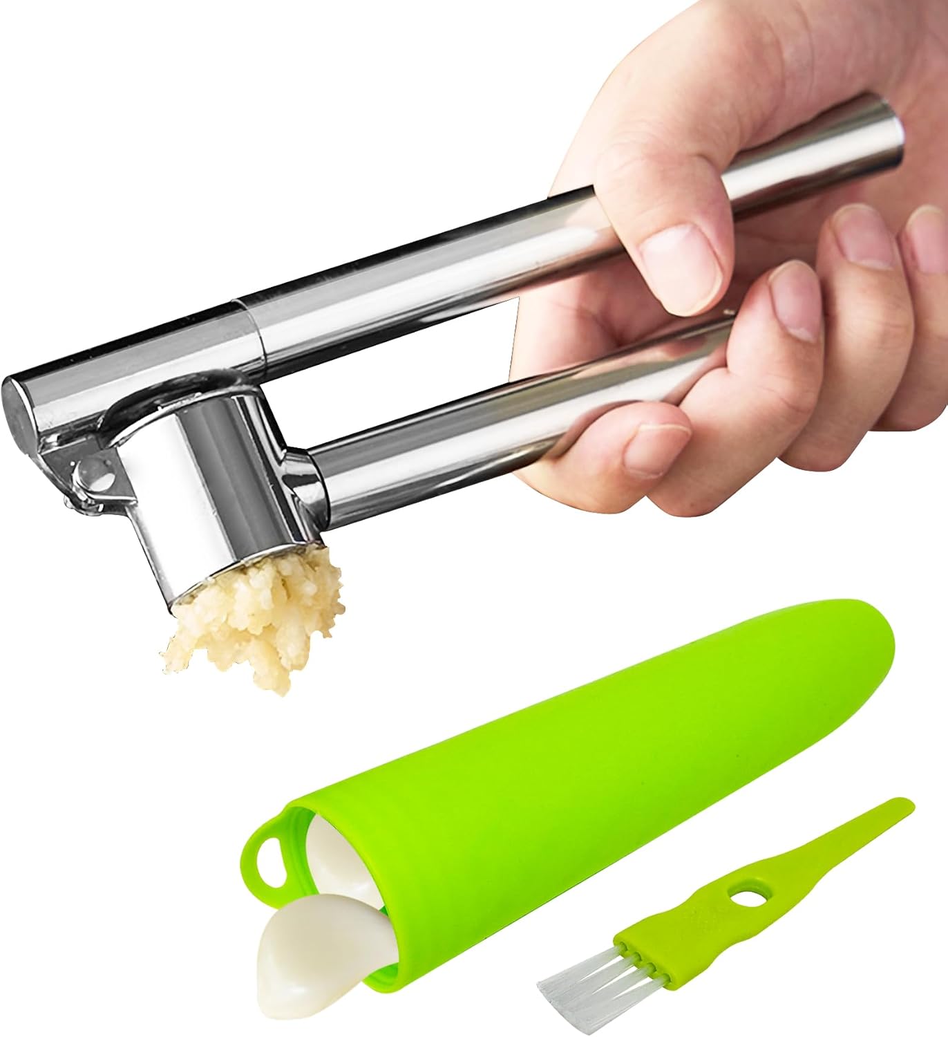 Heavy Duty Garlic Press Stainless Steel 3-Piece Set - Metal Garlic Smasher Press w/Peeler Tool & Clean Brush, Effortless Mincer for Ginger/Garlic (Extended Handle)