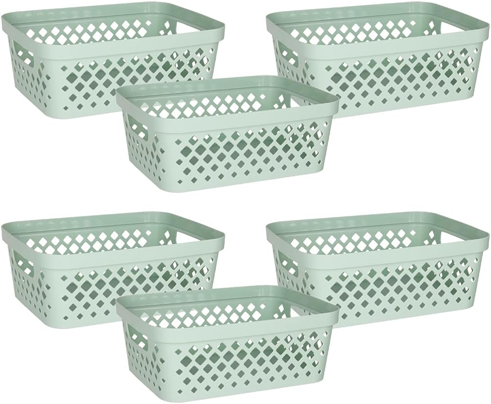 Glad Plastic Storage Basket Set, Value Pack of 6 | Open Storage Bins for Shelves, Bathroom, Pantry, Closet | Nesting Organizer Boxes with Handles, 2 Gallon, Sage