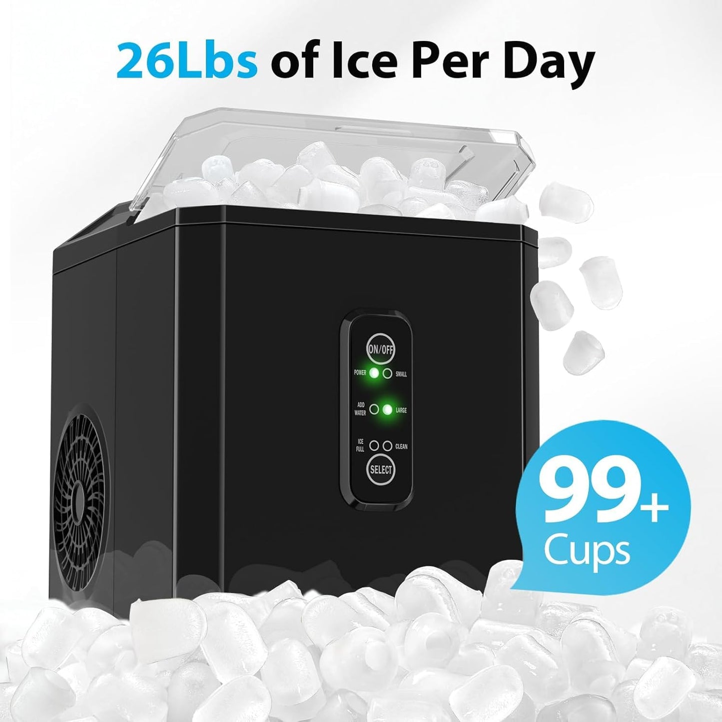 Aeitto Ice Makers Countertop, 9 Ice Cubes Release in 6 Mins, 26Lbs/24H, 2 Sizes of Bullet Ice Machine,Self-Cleaning Portable Ice Maker with Ice Scoop and Basket for Home Kitchen Office RV Bar, Black