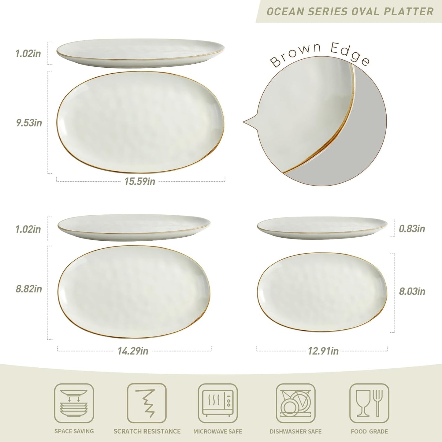famiware Serving Platter, Oval 15.59/14.3/12.9inch Serving Dishes for Entertaining, Serving Bowls, Microwave Safe, Stoneware Serving Trays for Party, Food, Turkey, Cheese, Ocean Series, Vanilla White
